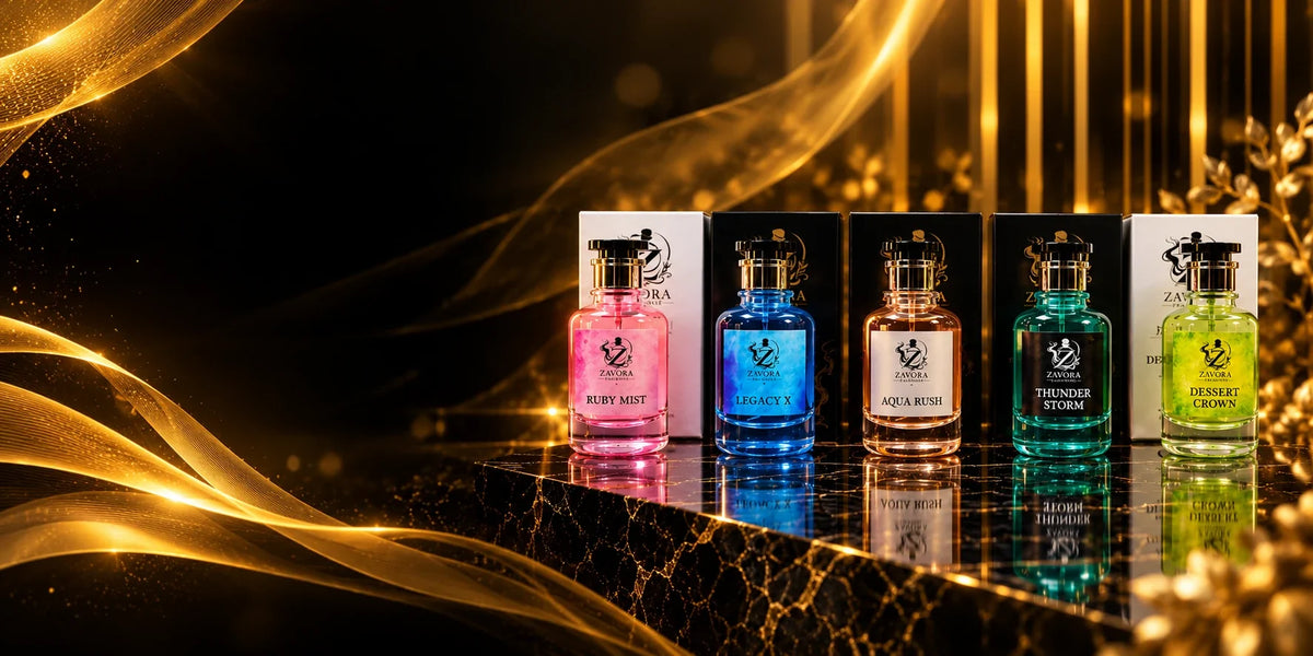 Zavora Fragrance signature collection: Ruby Mist, Legacy X, Aqua Rush, Thunder Storm and Dessert Crown